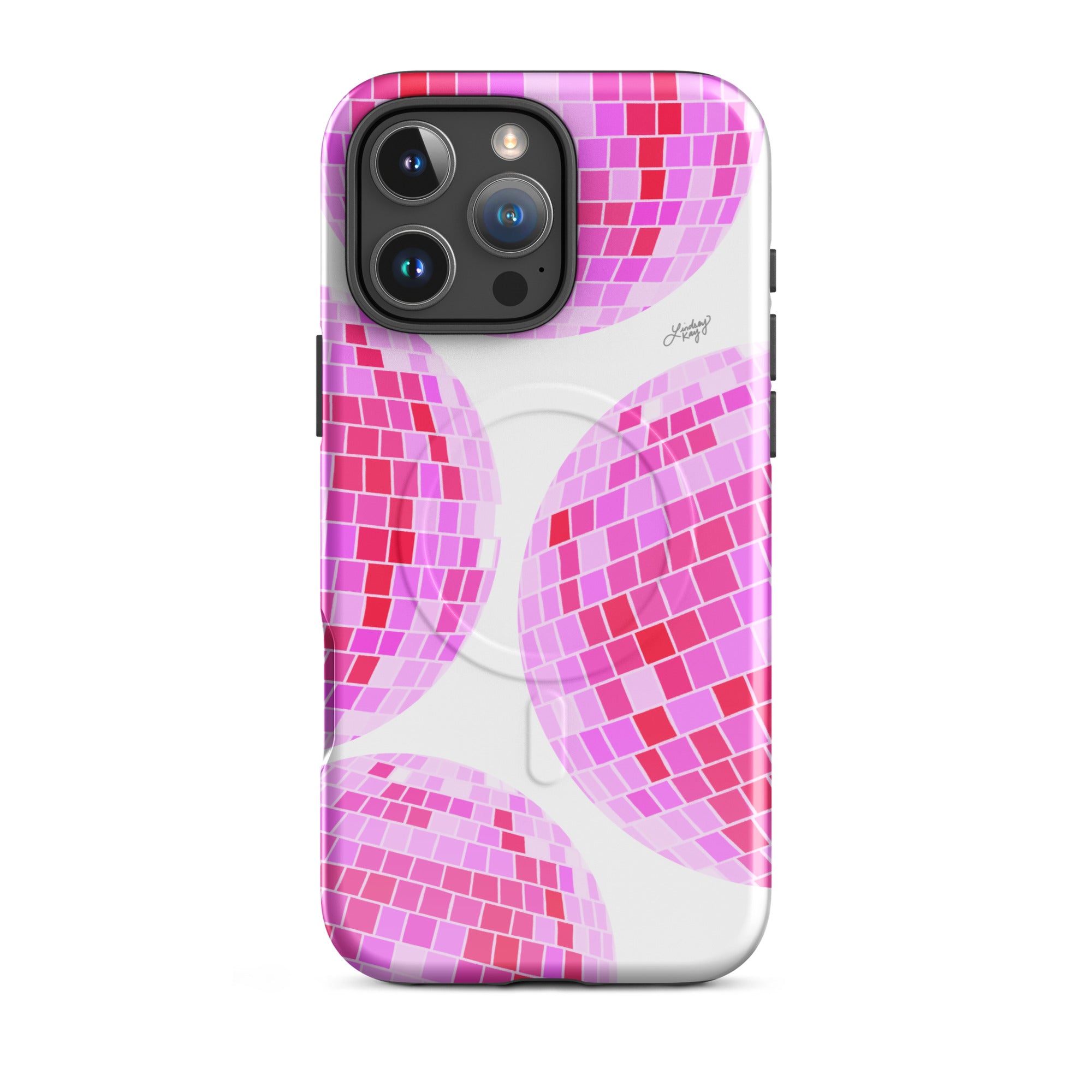 Pink disco balls iPhone case with retro hand-drawn pattern; cute and durable MagSafe-compatible phone case for girly girls, 2000s aesthetic lovers, summer accessories, trendy iPhone cases for women, retro Y2K style phone case.